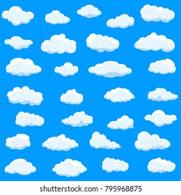 Clouds set isolated on blue background.Collection of clouds for web site,poster,placard and wallpaper. Creative modern concept. Clouds vector illustration