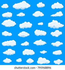 Clouds set isolated on blue background.Collection of clouds for web site,poster,placard and wallpaper. Creative modern concept. Clouds vector illustration