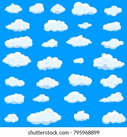 Clouds set isolated on blue background.Collection of clouds for web site,poster,placard and wallpaper. Creative modern concept. Clouds vector illustration