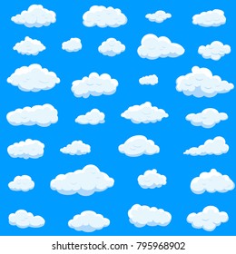 Clouds set isolated on blue background.Collection of clouds for web site,poster,placard and wallpaper. Creative modern concept. Clouds vector illustration