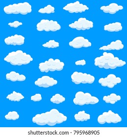 Clouds set isolated on blue background.Collection of clouds for web site,poster,placard and wallpaper. Creative modern concept. Clouds vector illustration