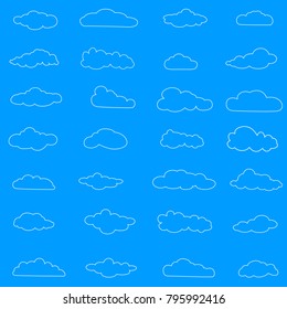 Clouds set isolated on blue background.Thin line collection of clouds for web site, poster, placard and wallpaper. Creative modern concept. Clouds vector illustration