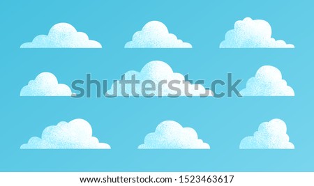 Clouds set isolated on a blue background. Simple cute cartoon design. Modern icon or logo collection. Realistic elements. Flat style vector illustration.