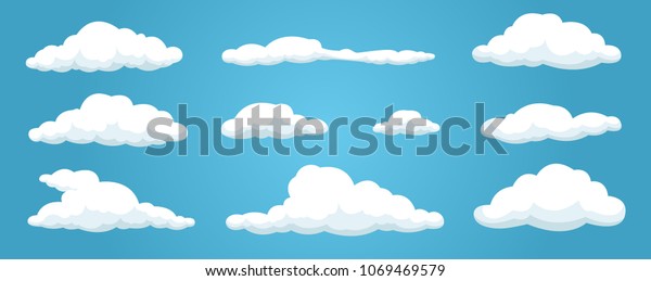 青の背景に雲。簡単なかわいい漫画デザイン。アイコンまたはロゴ 