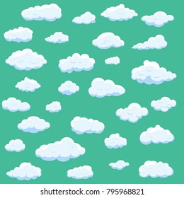 Clouds set isolated on green background.Collection of clouds for web site,poster,placard and wallpaper. Creative modern concept. Clouds vector illustration