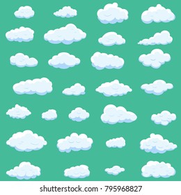 Clouds set isolated on green background.Collection of clouds for web site,poster,placard and wallpaper. Creative modern concept. Clouds vector illustration
