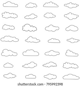 Clouds set isolated on white background.Thin line collection of clouds for web site, poster, placard and wallpaper. Creative modern concept. Clouds vector illustration
