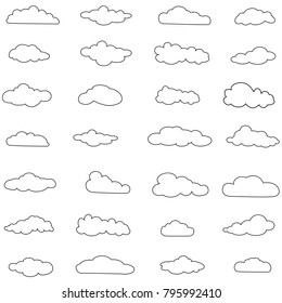 Clouds set isolated on white background.Thin line collection of clouds for web site, poster, placard and wallpaper. Creative modern concept. Clouds vector illustration