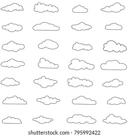 Clouds set isolated on white background.Thin line collection of clouds for web site, poster, placard and wallpaper. Creative modern concept. Clouds vector illustration