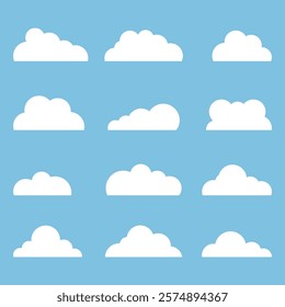 Clouds, set of isolated white clouds on a blue background. Vector, cartoon illustration. Vector.