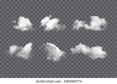 Clouds set on dark transparent background. Realistic fluffy white clouds vector illustration. Cloudy day nature outdoor