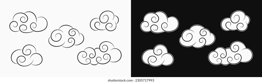 Nubes sobre fondo blanco y negro de estilo vintage. Caricatura de nubes esponjosas blancas para el día y la noche. Es bueno para el diseño infantil, peppie, de estilo ingenuo.