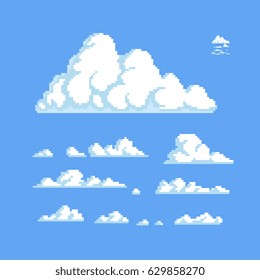 Clouds set, pixel art style vector illustration, isolated on blue sky background. Design for stickers, logo, web and mobile app.