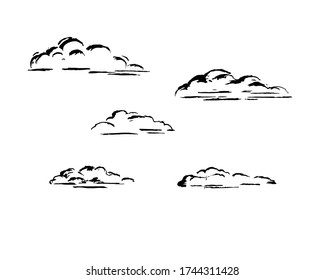 clouds. Set of simple cloud drawings. black and white sketch by hand. Vector illustration isolated on a white background.