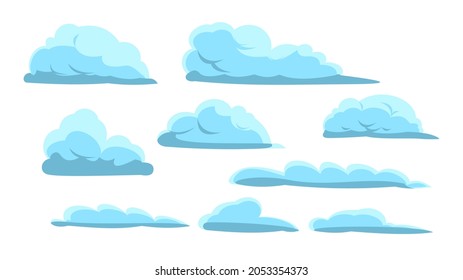 Clouds set. Sky background. Illustration in cartoon style flat design. Isolated on white. Heavenly atmosphere. Vector.
