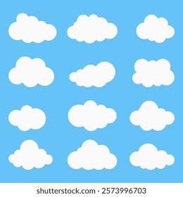 Clouds, set of white clouds isolated on blue background. Vector, cartoon illustration. Vector.