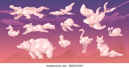 Nubes en forma de bonitos animales sobre el fondo del cielo atardecer. Fox, tortuga, pájaros, tiburón, caracol, oso, cocodrilo y siluetas de gato. Vector realista nubes esponjosas blandas en forma de animales graciosos