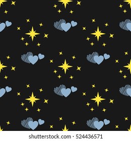 Clouds in the shape of heart with stars. Seamless pattern.  Black background. Vector illustration.