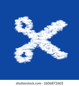 Clouds in the shape of a scissors symbol on a blue sky background. A symbol consisting of clouds in the center. Vector illustration on blue background