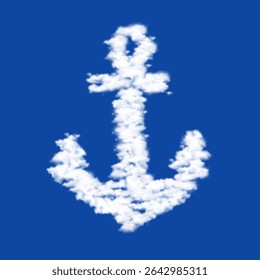 Clouds in the shape of a sea anchor symbol on a blue sky background. A symbol consisting of clouds in the center. Vector illustration on blue background