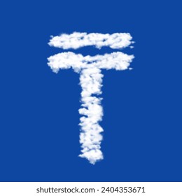 Clouds in the shape of a tenge symbol on a blue sky background. A symbol consisting of clouds in the center. Vector illustration on blue background