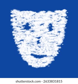 Clouds in the shape of a theatrical mask on a blue sky background. A symbol consisting of clouds in the center. Vector illustration on blue background