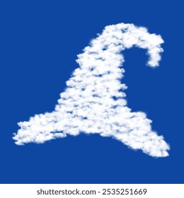 Clouds in the shape of a wizard hat symbol on a blue sky background. A symbol consisting of clouds in the center. Vector illustration on blue background