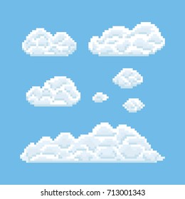 Clouds shapes set. Pixel art 8 bit texture illustration