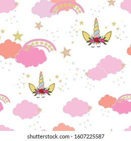 Clouds and shining star seamless background pattern for fabric design. Children, baby room wallpaper vector