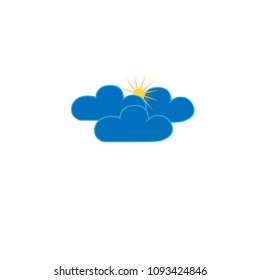 A lot of clouds sign. Weather icon. Partly cloudy sign. The sun and clouds on blue background. Bright, sunny icon good mood. Isolated logo spring, summer. Flat vector image. Vector illustration.