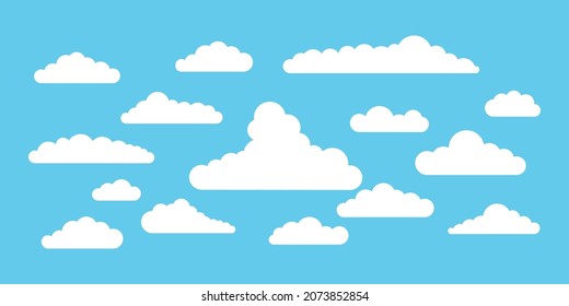 Clouds silhouette vector icon set isolated on blue heaven background. White clouds collection for sky weather scene and backgrounds. Flat design clip art vector illustration.