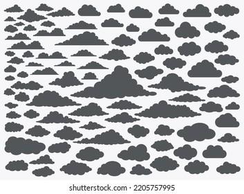 Clouds silhouette vector set. Glyph vector symbol of weather, database, cloud storage or network server. Graphic design template for web interface. Overcast, cloudy sky element flat sign collection.