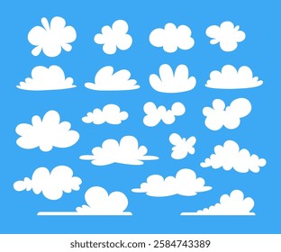 Clouds silhouettes cartoon blue background set. Simple flat style.