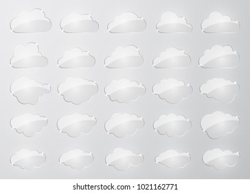 Clouds silhouettes. Vector set of glass clouds shapes. Collection of various forms and contours. Design elements for the weather forecast, web interface or cloud storage applications.