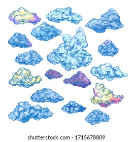 Nubes dibujan iconos, nubes barnizadas a mano y nubes azul tormentosas. Elementos aislados de paisajes de dibujos animados en línea, ilustración vectorial de nubes de colores brillantes