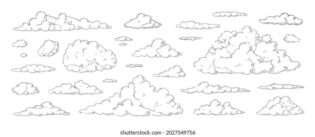 Clouds sketch  Vintage hand drawn sky background and large   small detailed cloudy shapes  Retro pencil drawing  Isolated monochrome cloudscape elements set  Vector engraving heaven