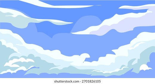 Nubes y cielo de fondo. Fondo azul con nubes blancas. Ilustración vectorial plana de cielo azul y nubes.