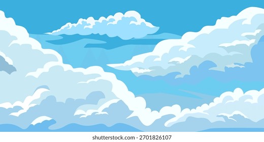 Nubes y cielo de fondo. Fondo azul con nubes blancas. Ilustración vectorial plana de cielo azul y nubes.