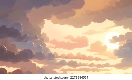 Clouds in The Sky Background During Golden Hour of Sunrise or Sunset Hand Drawn Painting Illustration