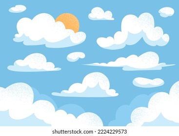 Clouds in sky. Background, poster or banner for website. Graphic element for greeting and invitation card. Summer or spring weather. Tenderness and dream metaphor. Cartoon flat vector illustration