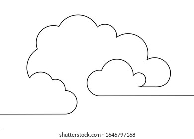 Clouds in the sky in continuous line art drawing style. Minimalist black linear design isolated on white background. Vector illustration