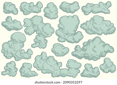 Clouds in the sky. Design set. Editable hand drawn illustration. Vector engraving. Isolated on light background. 8 EPS