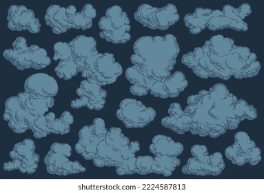 Clouds in the sky. Design set. Editable hand drawn illustration. Vector vintage engraving. Isolated on dark background. 8 eps