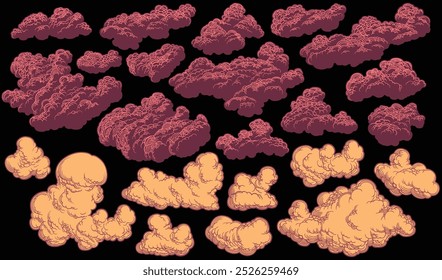 Clouds in the sky. Design set. Editable hand drawn illustration. Vector vintage engraving. Isolated on black background. 8 EPS