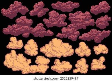 Clouds in the sky. Design set. Editable hand drawn illustration. Vector vintage engraving. Isolated on black background. 8 EPS