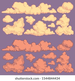 Clouds in the sky. Design set. Hand drawn engraving. Editable vector vintage illustration. Isolated on color background. 8 EPS 