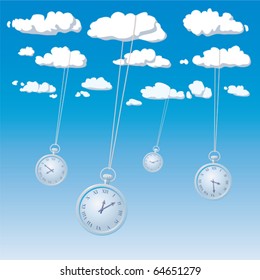 Clouds in the sky with hanging clocks, surreal vector illustration