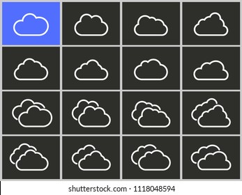 Clouds sky icons set. Outline vector white illustration isolated on black background for graphic and web design.