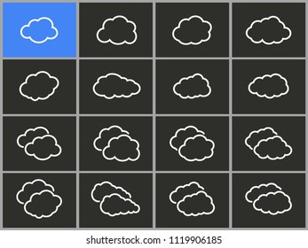 Clouds sky icons set.  Outline simple white illustration isolated on black for graphic and web design.