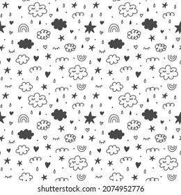 Clouds sky kids seamless pattern for nursery, apparel textile, wrapping paper, wallpaper, invitation and greeting cards. Vector illustration, scandinavian style